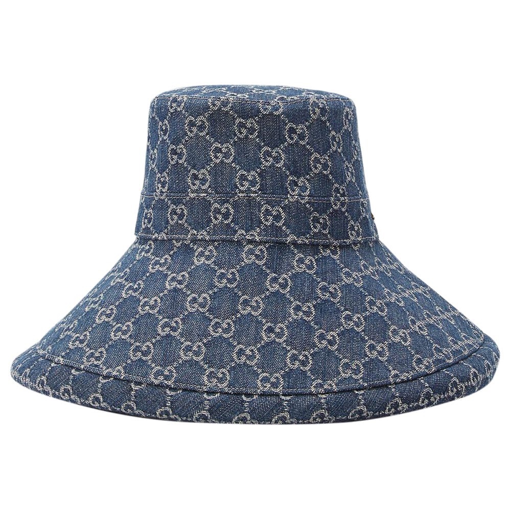 Gucci Denim GG Monogram Bucket Hat  Wide Large Brim Navy Blue Jacquard Beach - Picture 12 of 16